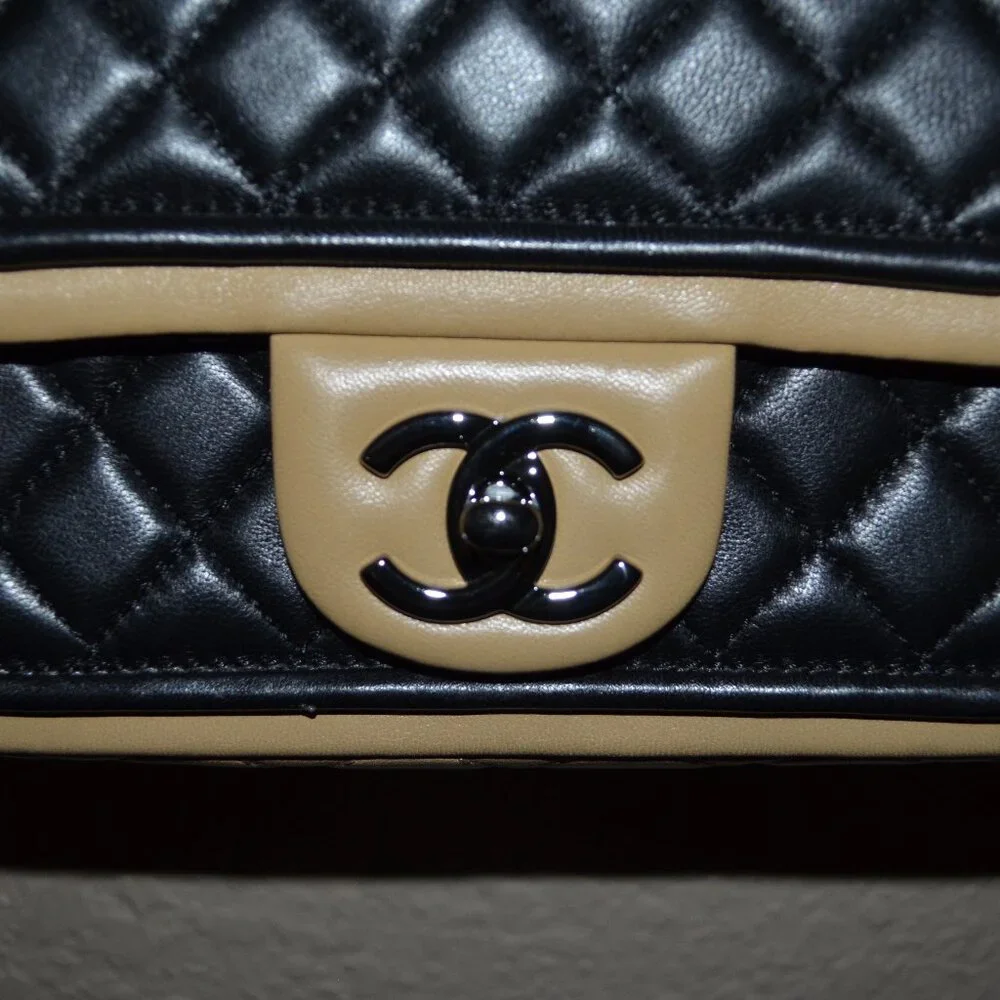 Chanel Black Small Tan Two Tone Flap Chain Strap Crossbody Shoulder Handbag